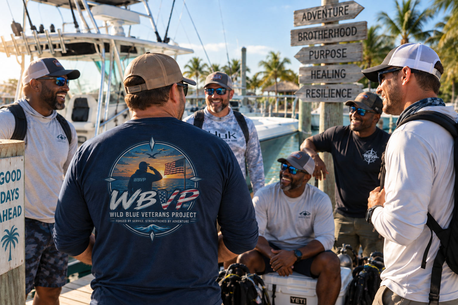 Veterans sharing camaraderie at a Florida Keys marina beside a boat and dive equipment